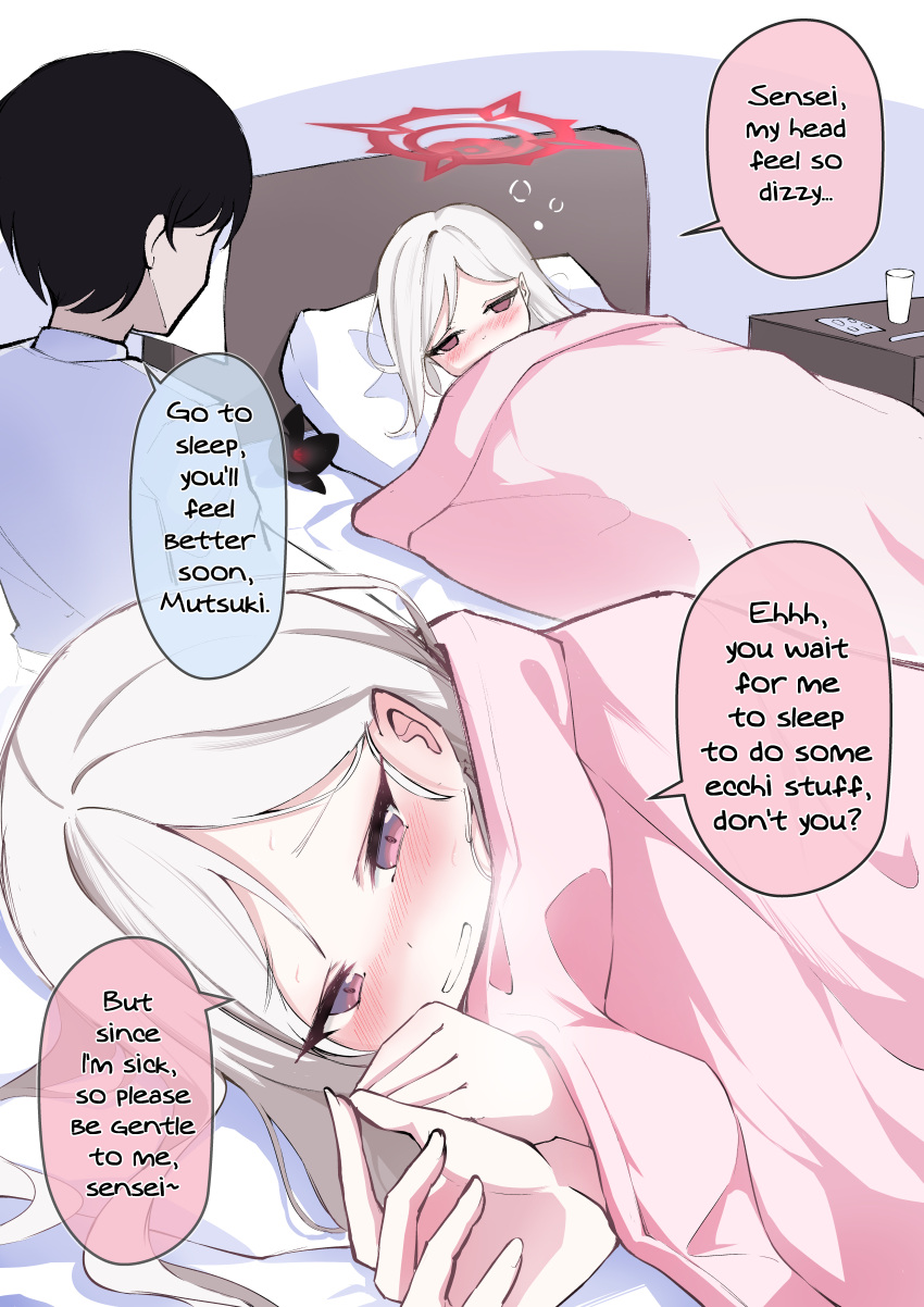 1boy, 1girl, absurdres, black_hair, blanket, blue_archive, blush, clov_er, duplicate, english_text, engrish_text, grey_hair, hair_ornament, halo, highres, implied_hetero, long_hair, lying, mutsuki_(blue_archive), on_bed, pillow, pink_blanket, ranguage, red_halo, sensei_(blue_archive), shirt, sick, speech_bubble, squeans, under_covers, unworn_hair_ornament, violet_eyes, white_shirt