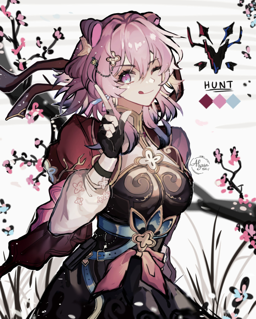 absurdres, belt, black_dress, black_gloves, blue_belt, blue_eyes, branch, breasts