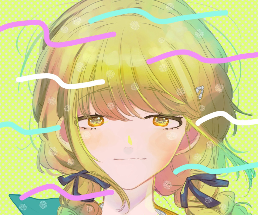 1girl, blonde_hair, blush, braid, commentary_request, fujita_kotone, gakuen_idolmaster, hair_ribbon