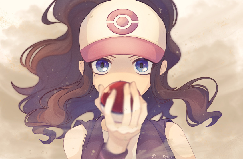 1girl, absurdres, blue_eyes, brown_hair, commentary_request, hand_up, hat, highres