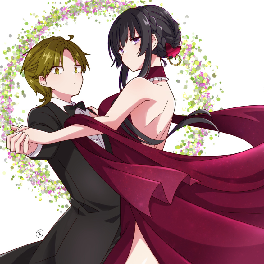 bare_back, black_hair, bow, bowtie, breasts, butterfly_hair_ornament, dancing, dress, enkichi, formal, green_eyes, green_hair, hair_ornament, hair_up, hand_on_another's_shoulder, holding_hands, killer_in_the_mirror, large_breasts, long_dress, looking_at_viewer, shitakiri_nodoka, shitakiri_souga, short_male, step-siblings, suit, tall_female, violet_eyes