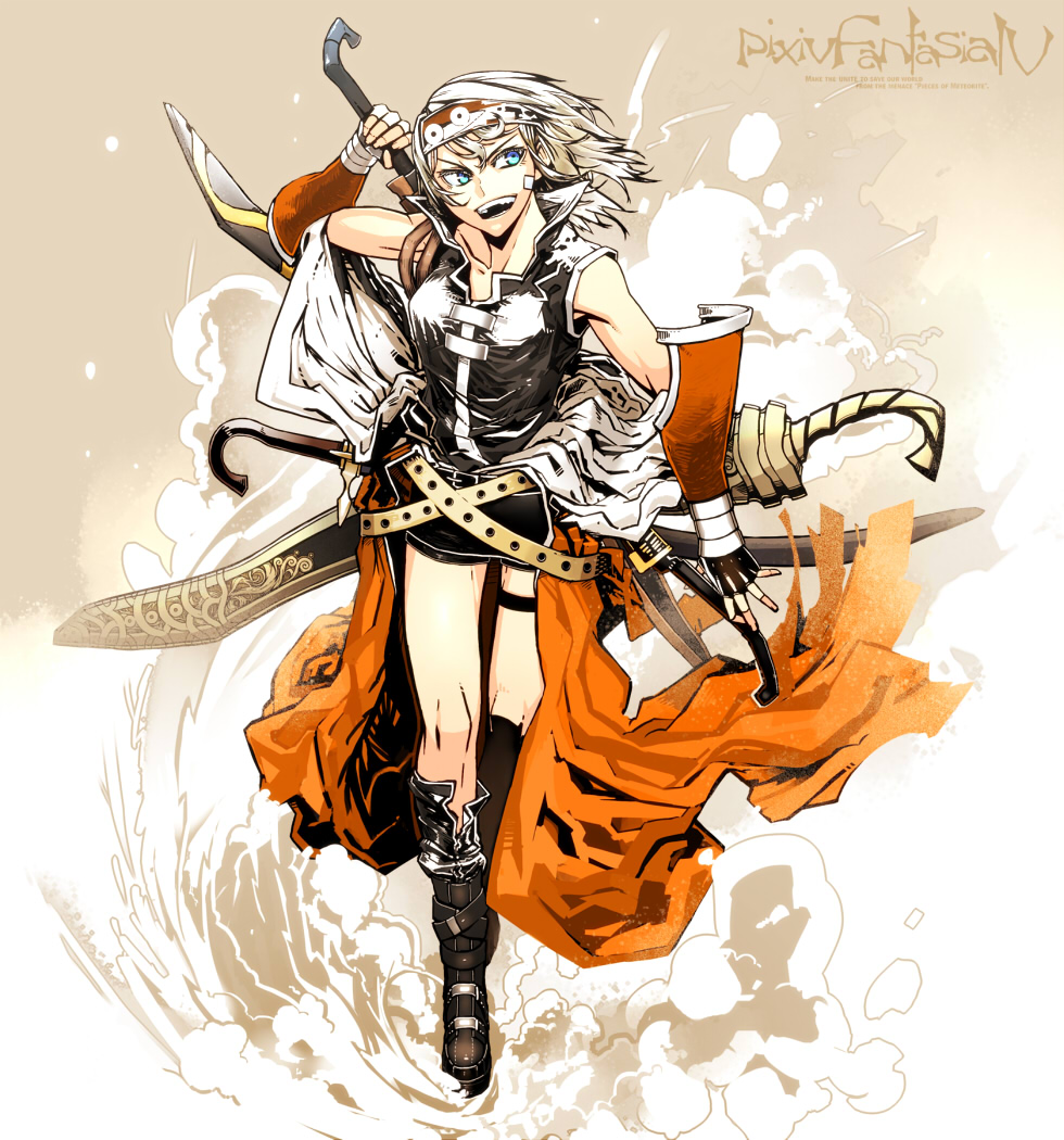 1girl, armor, belt, blue_eyes, boots, commentary_request, fantasy, fingerless_gloves