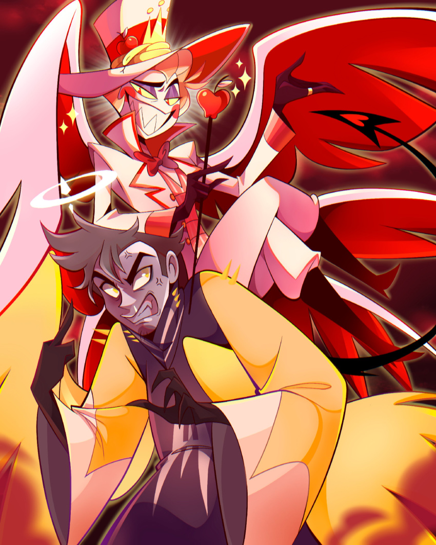 1boy, 2boys, absurdres, adam_(hazbin_hotel), angel, angel_wings, angry, blonde_hair, blush_stickers, brown_hair, chandllucky, crossed_legs, demon_boy, demon_tail, demon_wings, formal, hair_slicked_back, hazbin_hotel, highres, long_sleeves, lucifer_morningstar_(hazbin_hotel), middle_finger, multiple_boys, red_eyes, robe, sitting, smug, tail, wings