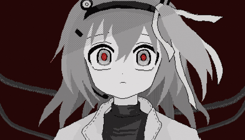 1girl, a.i._voice, adachi_rei, android, animated, animated_gif, black_liquid, black_tears, cable, closed_mouth, crying, crying_with_eyes_open, flashing_light, floating_hair, frown, furrowed_brow, glowing_pupils, grey_eyes, greyscale_with_colored_background, hair_ornament, hair_ribbon, hairclip, headlamp, headset, highres, jacket, liquid_from_eyes, looking_at_viewer, looping_animation, marihico, medium_hair, open_clothes, open_jacket, pixel_art, portrait, radio_antenna, raised_eyebrows, red_background, red_pupils, ribbon, simple_background, solo, spot_color, tears, turtleneck, utau, wide-eyed