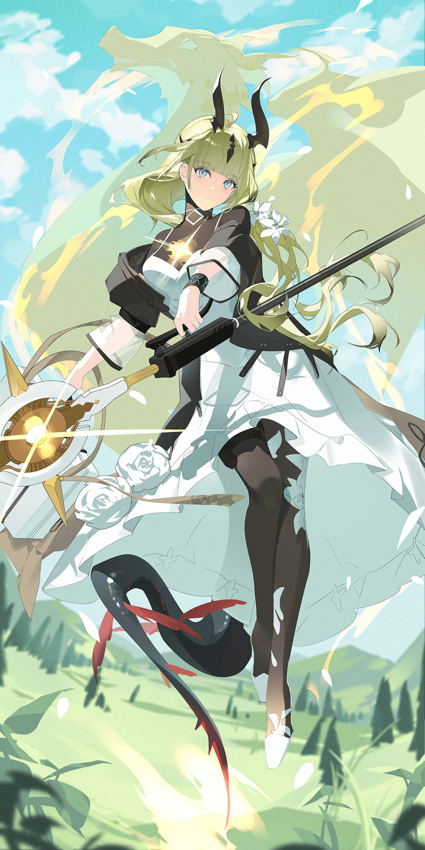 1girl, absurdres, ahoge, arknights, black_horns, black_pantyhose, blonde_hair, blue_eyes