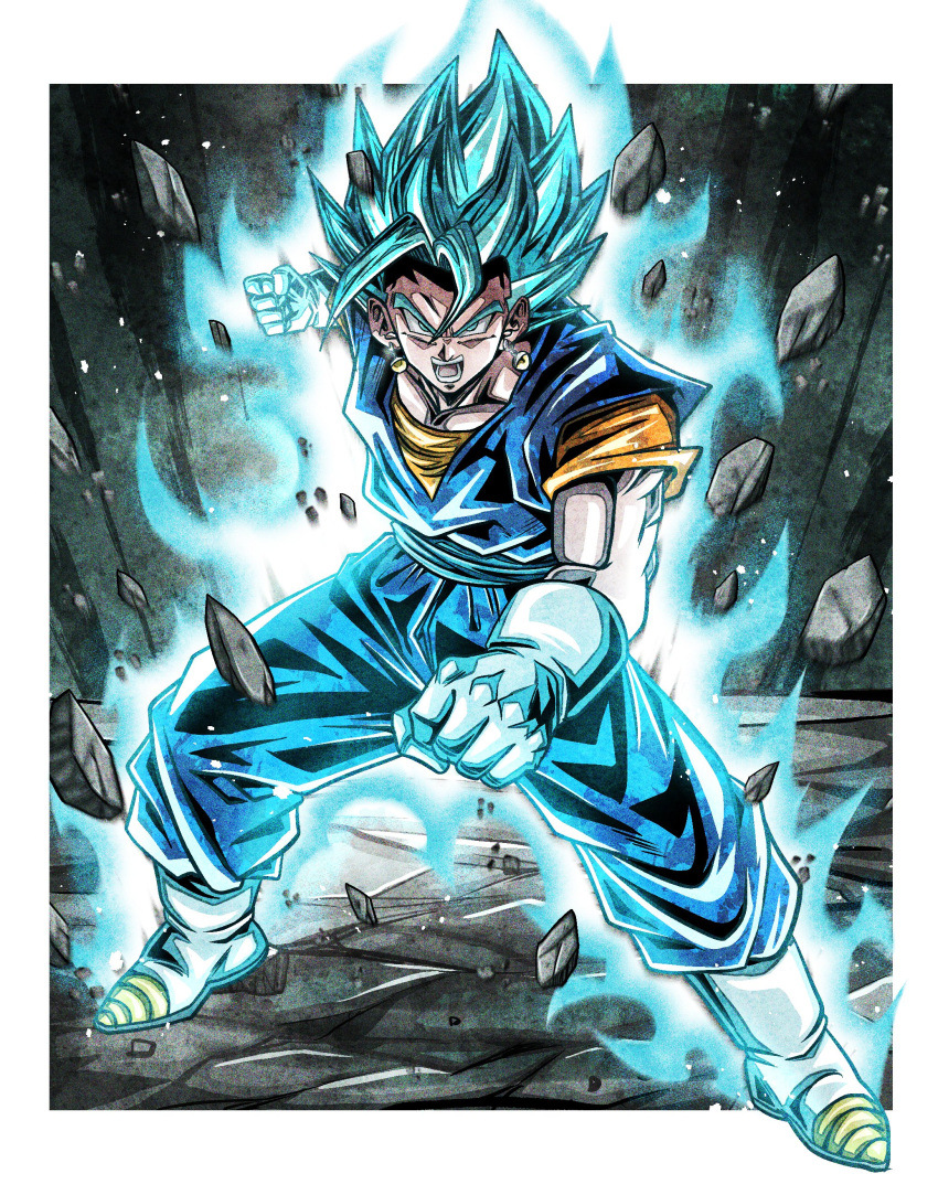 1boy, absurdres, aura, blue_eyes, blue_hair, blue_pants, blue_sash, blue_shirt