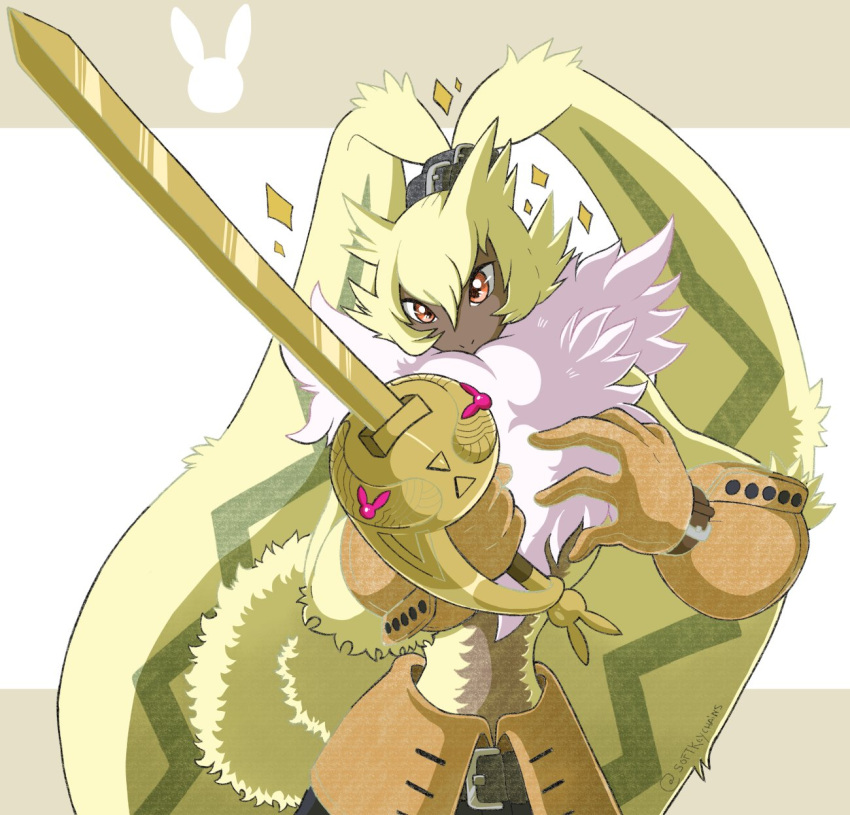 1boy, ana_(softkeychains), body_fur, brown_eyes, brown_gloves, cowboy_shot, digimon, digimon_(creature)