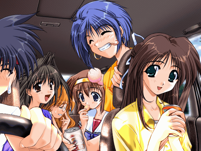 1boy, 5girls, :d, beer_can, brown_hair, can, car, closed_eyes