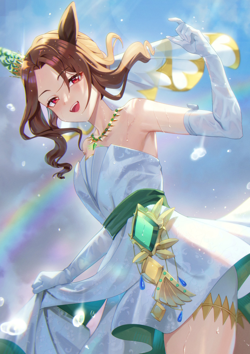 1girl, absurdres, animal_ears, bare_shoulders, bride, brown_hair, chromatic_aberration, clothes_lift