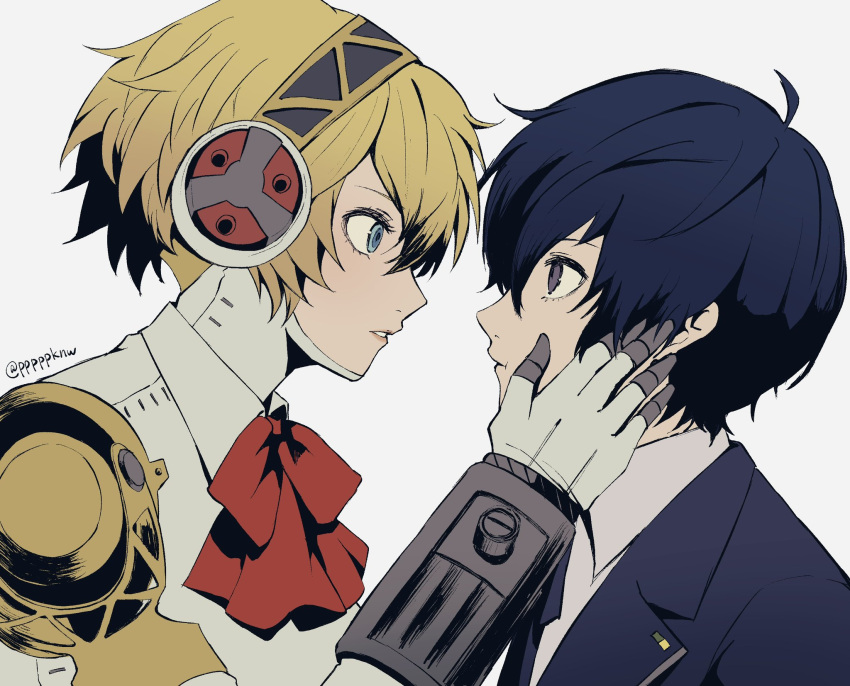 1boy, 1girl, aegis_(persona), android, artist_name, blonde_hair, blue_eyes, blue_hair