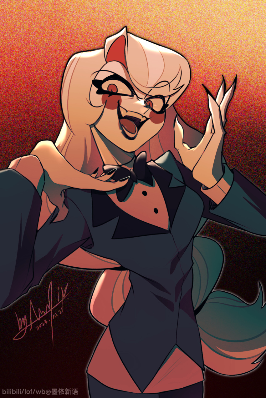 1girl, blonde_hair, blush_stickers, breasts, charlie_morningstar, demon_girl, fingernails, guifulanxin092, hazbin_hotel, highres, long_hair, looking_at_viewer, red_eyes, sharp_fingernails, solo, suit