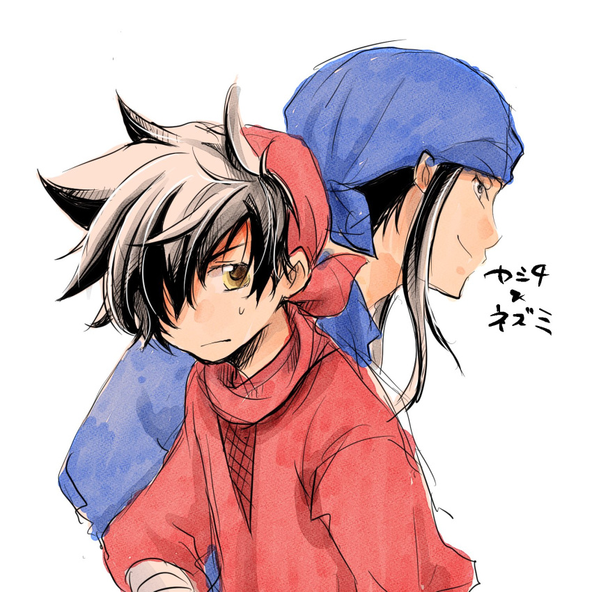 2boys, bandaged_arm, bandages, bandana, black_hair, blue_bandana, closed_mouth, commentary_request