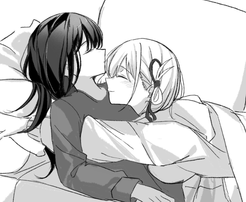 2girls, blush, closed_eyes, closed_mouth, couch, cuddling, greyscale, hair_ornament, highres, inoue_takina, jenjen, long_hair, long_sleeves, lycoris_recoil, lying_on_person, medium_hair, monochrome, multiple_girls, nishikigi_chisato, on_couch, one_side_up, sleeping, smile