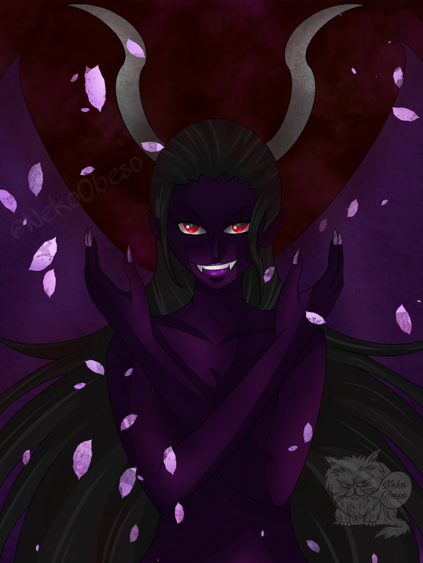 1girl, black_hair, colored_skin, crossed_arms, devil_child, english_commentary, falling_petals, fingernails