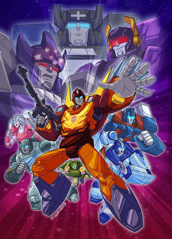 arcee, assault_visor, blue_eyes, blurr_(transformers), character_request, clenched_hand, cover, cover_image, dvd_cover, english_commentary, galvatron, glowing, glowing_eyes, gun, holding, holding_gun, holding_weapon, kup_(transformers), looking_ahead, marcelo_matere, mecha, mecha_focus, no_humans, official_art, open_hand, open_mouth, photoshop_(medium), red_eyes, robot, rodimus_prime, running, science_fiction, smirk, springer_(transformers), transformers, transformers:_generation_1, ultra_magnus, weapon