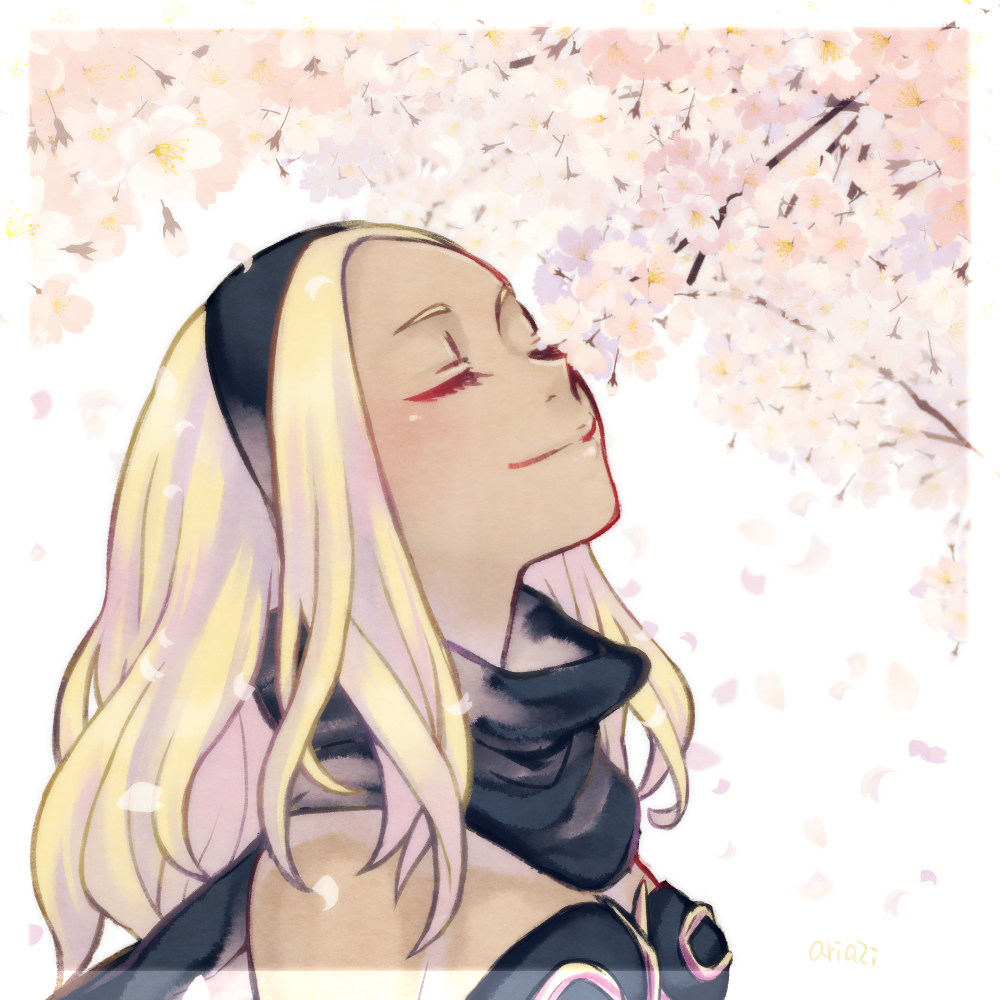 1girl, ariazi, blonde_hair, cherry_blossoms, closed_eyes, dark-skinned_female, dark_skin, gravity_daze