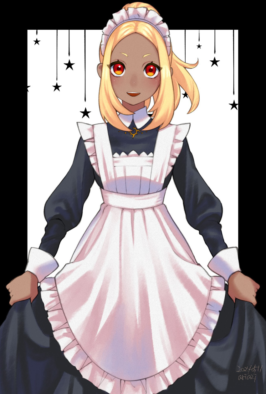 1girl, alternate_costume, apron, ariazi, black_dress, blonde_hair, dark-skinned_female, dark_skin