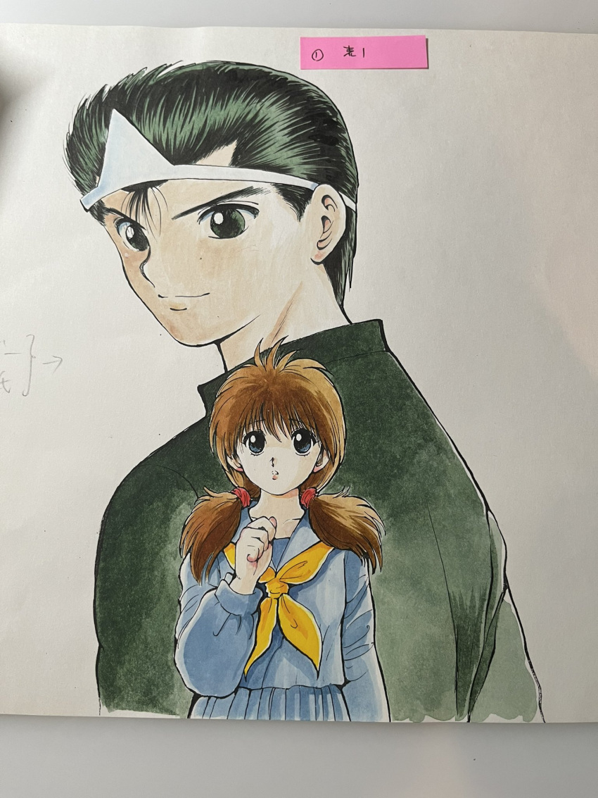 1boy, 1girl, alternate_hairstyle, black_eyes, blue_serafuku, brown_hair, commentary_request, green_eyes