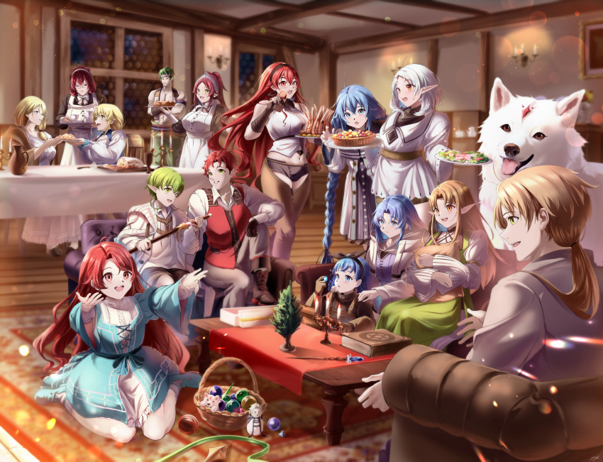 4boys, 6+girls, abs, absurdres, aisha_greyrat, apron, ars_greyrat, basket