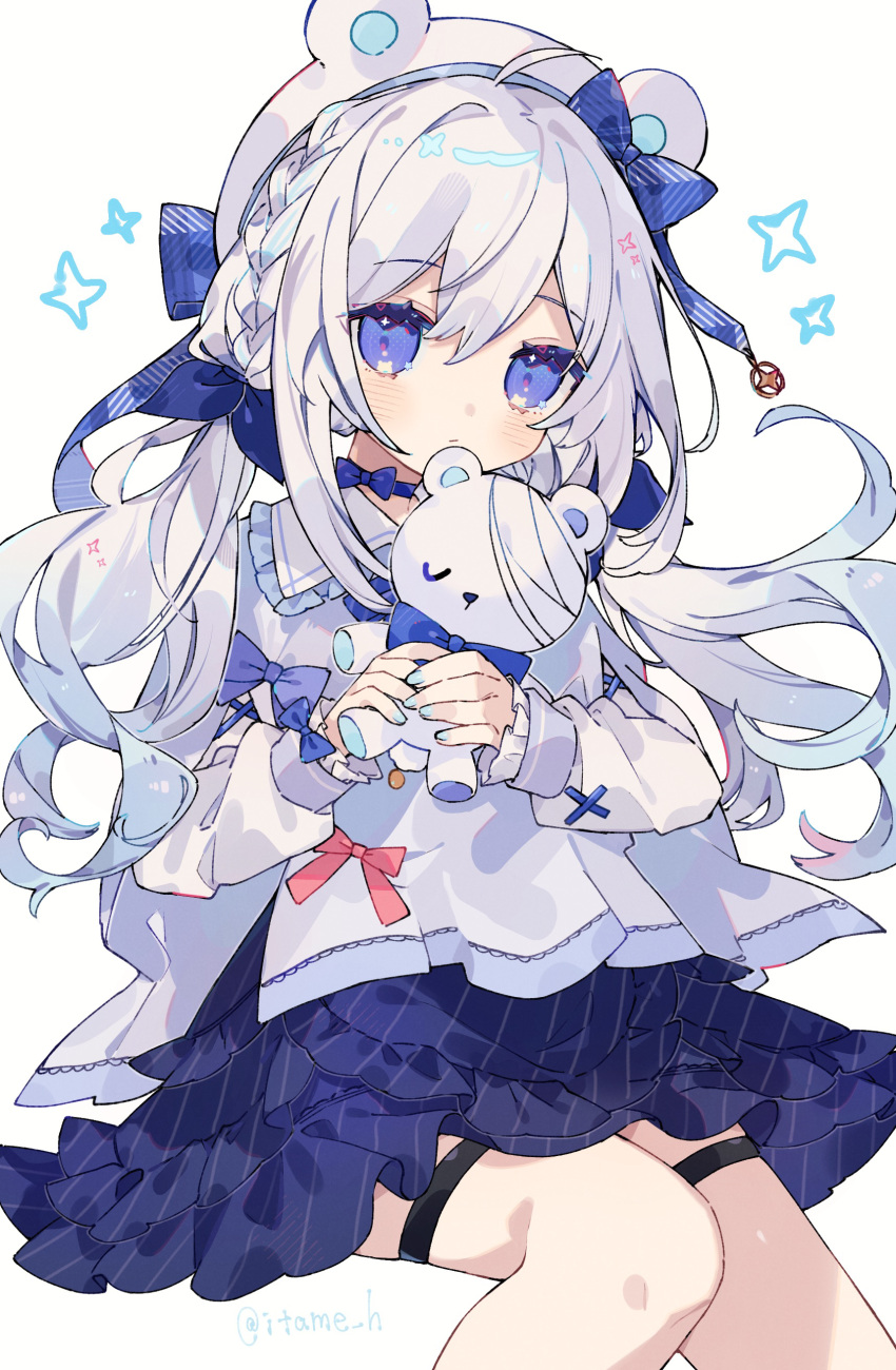 1girl, :/, absurdres, ahoge, animal_hat, bear_hat, blue_bow, blue_choker, blue_eyes, blue_nails, blue_ribbon, blue_skirt, bow, bow_choker, braid, choker, collared_shirt, commentary_request, cowboy_shot, expressionless, frilled_shirt_collar, frilled_sleeves, frills, hair_between_eyes, hair_bow, hair_ribbon, hands_up, hat, highres, hisuiyasai, holding, holding_stuffed_toy, invisible_chair, long_sleeves, looking_at_viewer, low_twintails, original, pink_bow, ribbon, shirt, simple_background, sitting, skirt, stuffed_animal, stuffed_toy, teddy_bear, thigh_strap, twintails, twitter_username, violet_eyes, white_background, white_hair, white_shirt