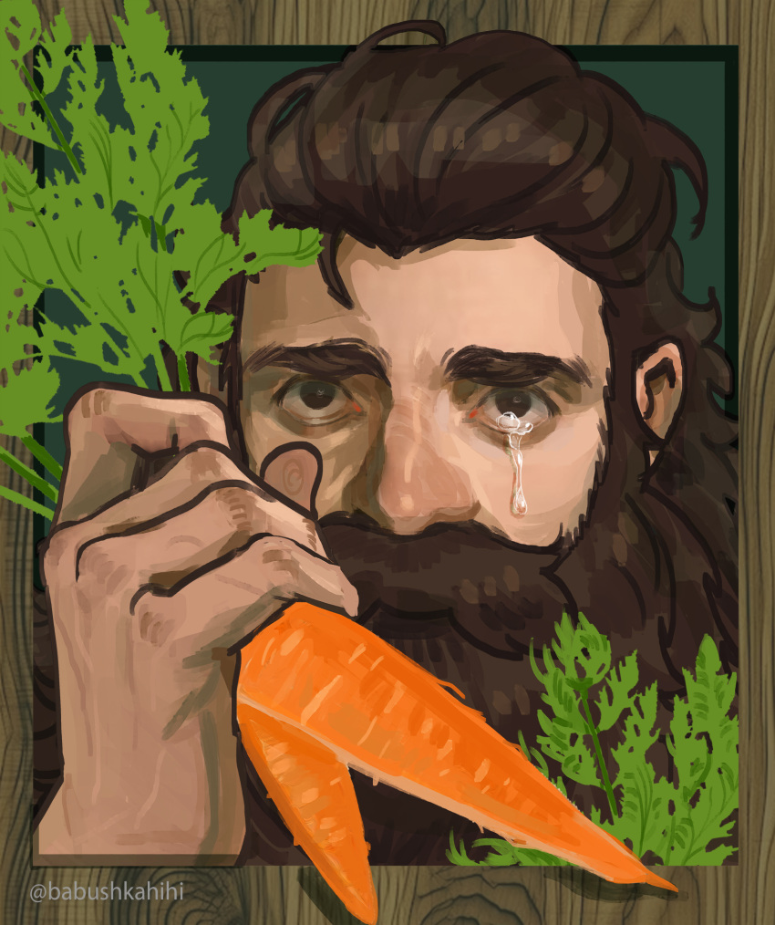 1boy, babu_(babushkahihi), beard, carrot, crying, dungeon_meshi, dwarf, eyebrow_stubble, facial_hair, furrowed_brow, hand_up, highres, long_beard, looking_at_viewer, male_focus, mustache, portrait, senshi_(dungeon_meshi), solo, tears, tears_from_one_eye, thick_mustache, very_long_beard