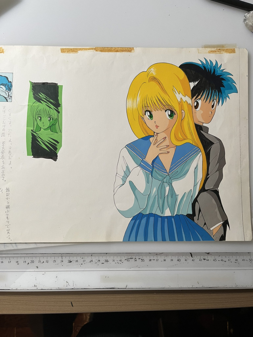 1boy, 1girl, black_hair, blonde_hair, blue_neckerchief, blue_sailor_collar, blue_skirt, brown_eyes