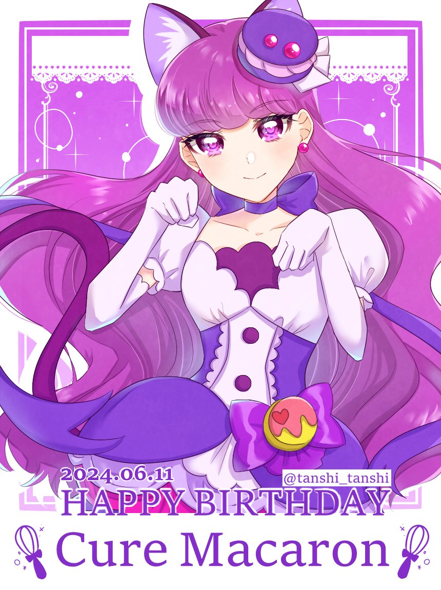 1girl, animal_ears, breasts, cat_ears, character_name, choker, collarbone, cure_macaron
