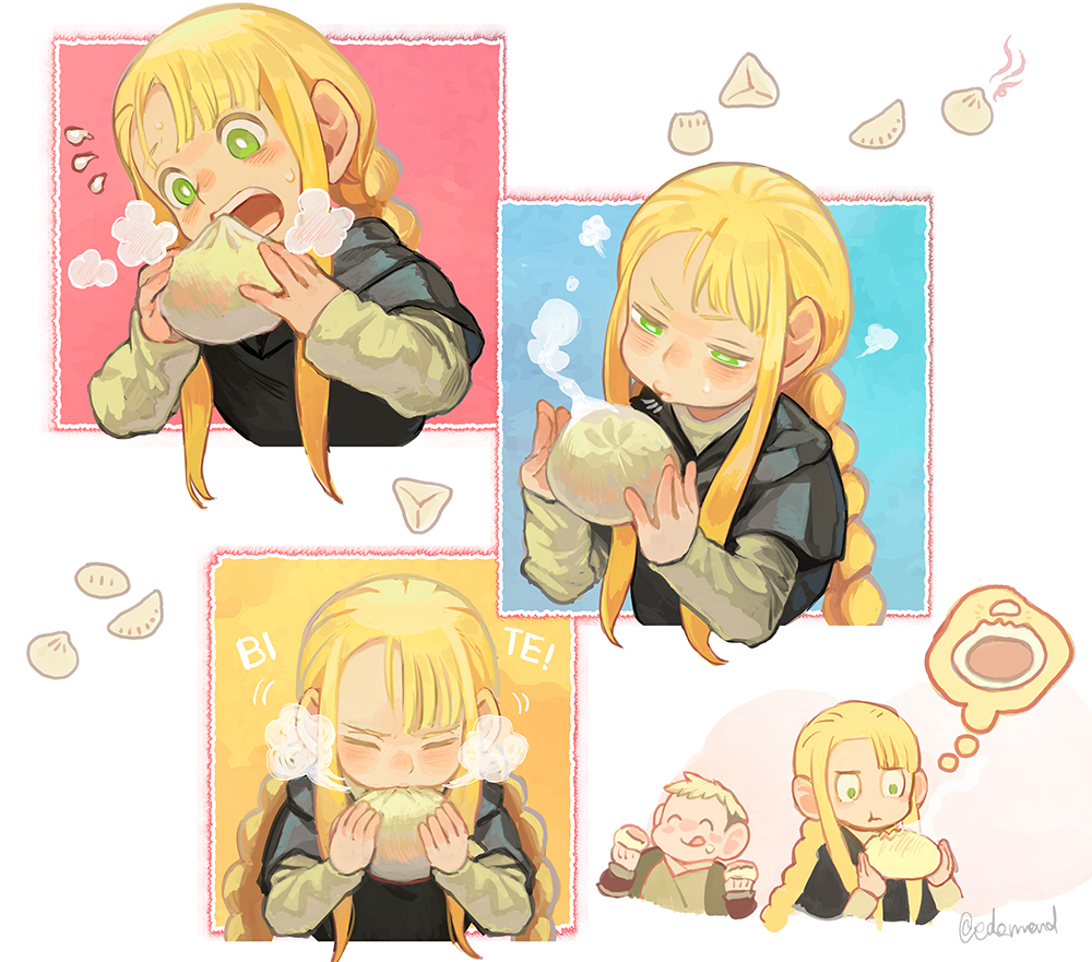 1boy, 1girl, :q, :t, ^_^, alternate_species, baozi, biting, blonde_hair, blowing_on_food, blush, braid, chibi, closed_eyes, dungeon_meshi, dwarf, eating, edo_mond_(edoedoedomond), food, food_on_face, green_eyes, halfling, laios_touden, laios_touden_(dwarf), licking_lips, long_hair, long_sleeves, marcille_donato, marcille_donato_(half-foot), open_mouth, robe, shirt, short_hair, smile, steaming_food, sweatdrop, tongue, tongue_out, twin_braids, upper_body, wide-eyed