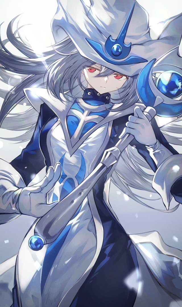 1girl, blue_dress, breasts, cowboy_shot, dress, duel_monster, gloves, gradient_background, grey_hair, hajime_daijo, hat, holding, holding_staff, long_hair, medium_breasts, red_eyes, silent_magician, solo, staff, white_background, white_dress, white_gloves, white_hat, witch, witch_hat, yu-gi-oh!