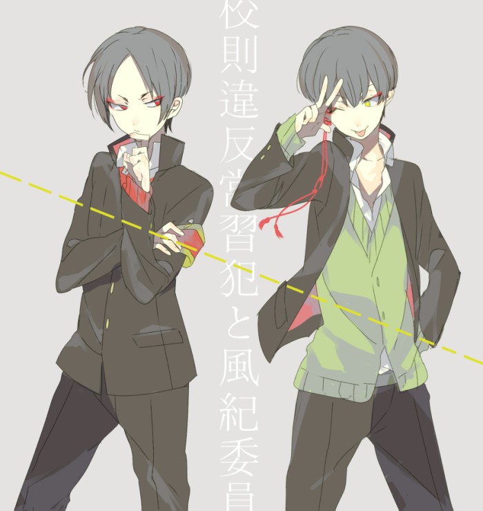 2boys, :p, alternate_universe, black_hair, black_jacket, black_pants, blazer, buttons