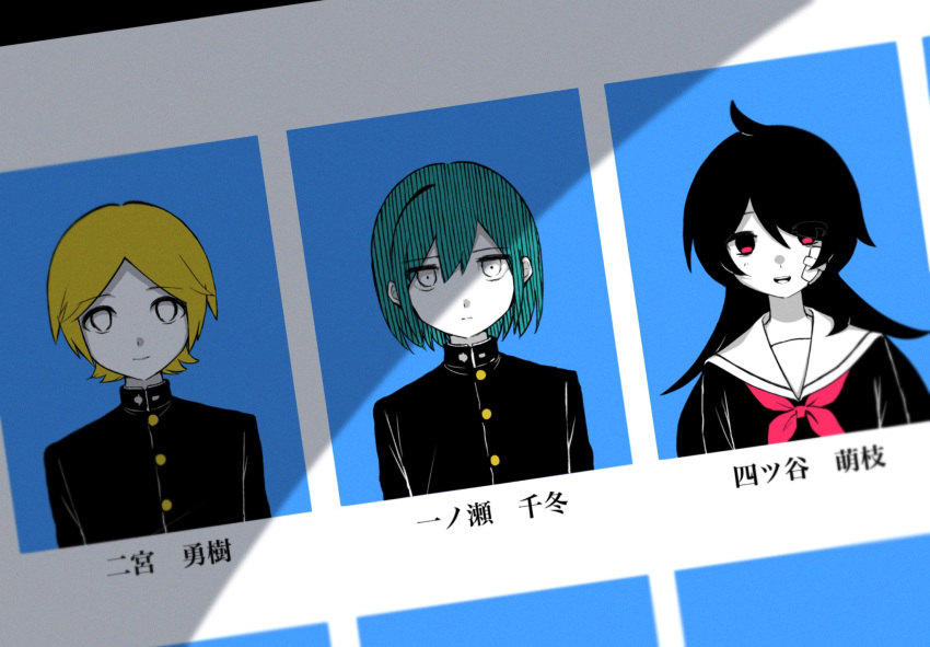 1girl, 2boys, arms_at_sides, black_hair, black_shirt, blonde_hair, blue_hair, blurry_edges, character_name, closed_mouth, commentary_request, dead_end_chocolate_(vocaloid), dutch_angle, expressionless, gakuran, gauze_on_cheek, hair_over_one_eye, highres, ichinose_chifuyu, id_photo, light_blush, looking_at_viewer, multiple_boys, neckerchief, ninomiya_yuuki, no_pupils, open_mouth, parted_bangs, red_eyes, red_neckerchief, sailor_collar, school_uniform, serafuku, shadow, shirt, short_hair, smile, swept_bangs, white_eyes, white_sailor_collar, yearbook, yotsuya_moe, yuto_(ayakiyuto)