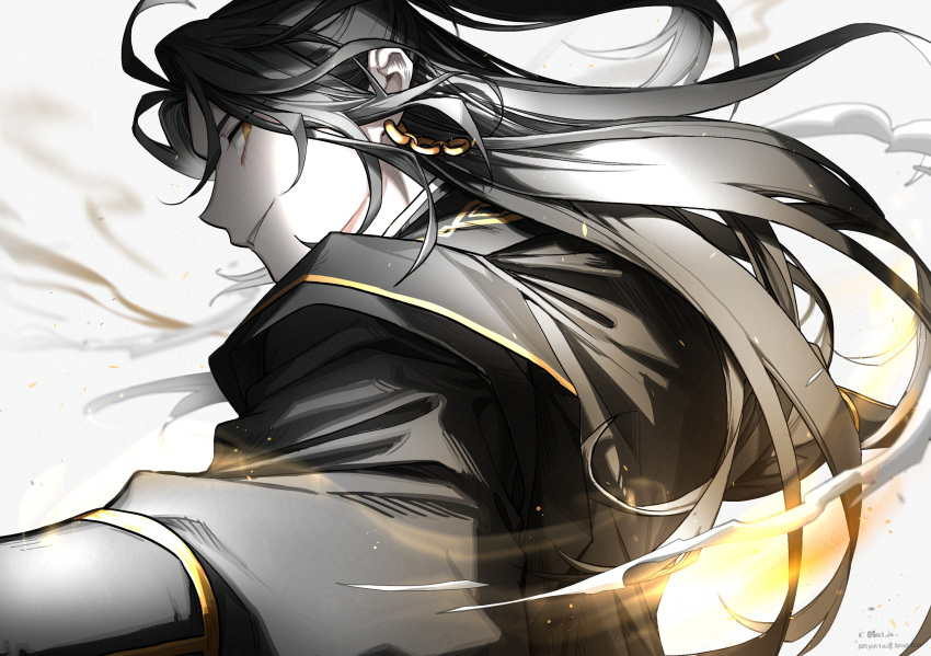 1boy, bakku_(fspz4427), black_hair, black_hanbok, blurry, earrings, glowing, gold_earrings