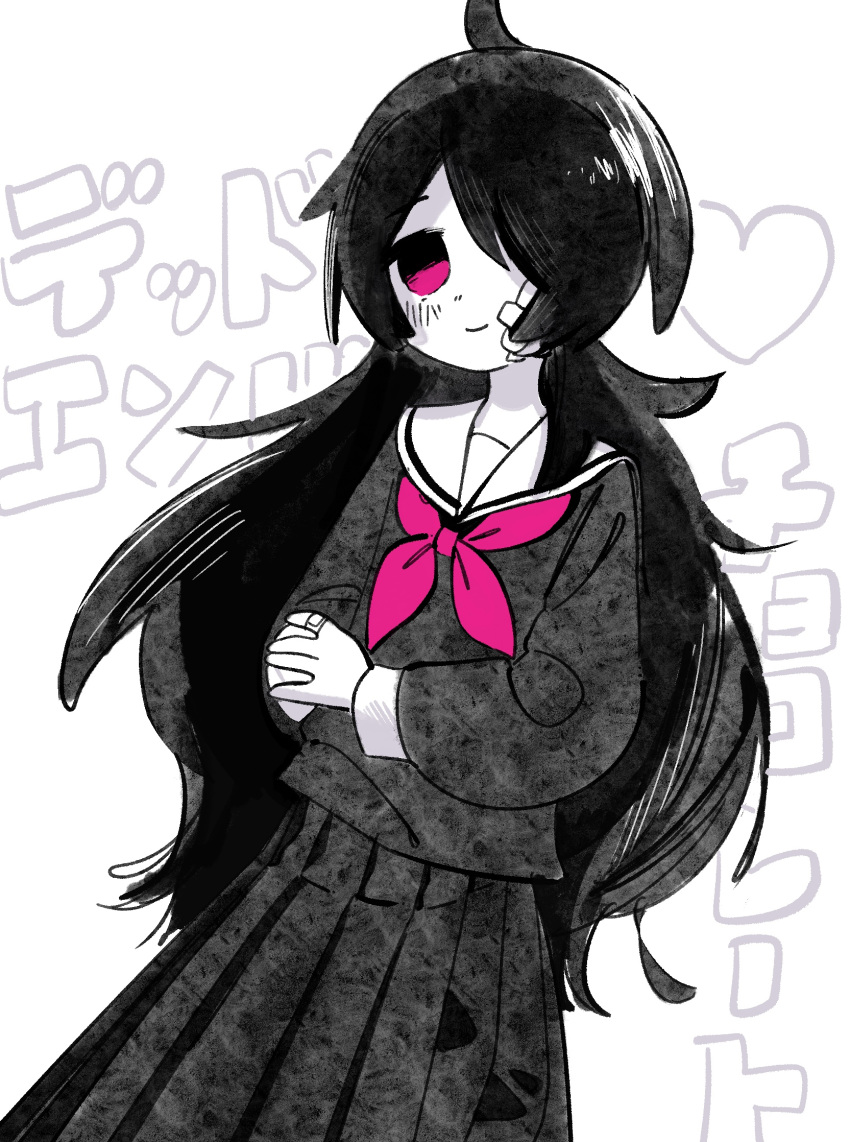 1girl, ahoge, bandaid, bandaid_on_hand, blush, dead_end_chocolate_(vocaloid), feet_out_of_frame, gauze_on_cheek, greyscale, hair_over_one_eye, highres, inemuri_(jdq5e), long_hair, long_sleeves, looking_at_viewer, monochrome, neckerchief, own_hands_together, pink_eyes, pink_neckerchief, pleated_skirt, school_uniform, serafuku, shirt, simple_background, skirt, sleeve_cuffs, smile, solo, song_name, spot_color, text_background, yotsuya_moe