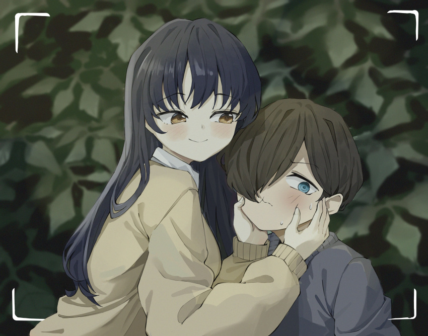 1boy, 1girl, absurdres, black_hair, blue_eyes, boku_no_kokoro_no_yabai_yatsu, brown_eyes, brown_hair
