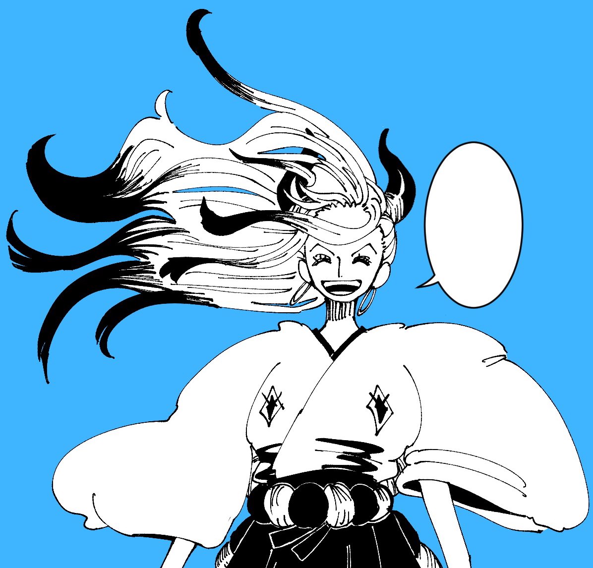 1girl, ^_^, blue_background, closed_eyes, commentary, cowboy_shot, earrings, floating_hair, greyscale_with_colored_background, hakama, horns, japanese_clothes, jewelry, kimono, long_sleeves, one_piece, ponytail, rope, shimenawa, sidelocks, simple_background, smile, solo, speech_bubble, tenteko_mm, upper_body, v-shaped_eyebrows, yamato_(one_piece)