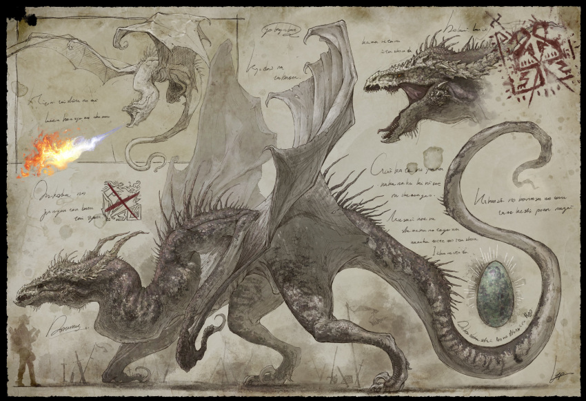 absurdres, animal_focus, black_border, border, breath_weapon, breathing_fire, claws, commentary_request, dragon, egg, fire, from_side, full_body, gibberish_text, highres, horns, kuribatake, monster, multiple_views, no_humans, open_mouth, original, paper_texture, profile, spikes, tail, western_dragon, wings, wyvern, yellow_background