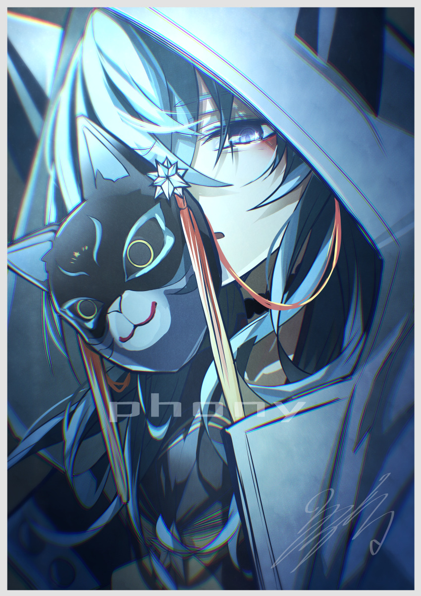 1girl, absurdres, animal_ear_hood, black_choker, blue_eyes, blue_hair, border, bow
