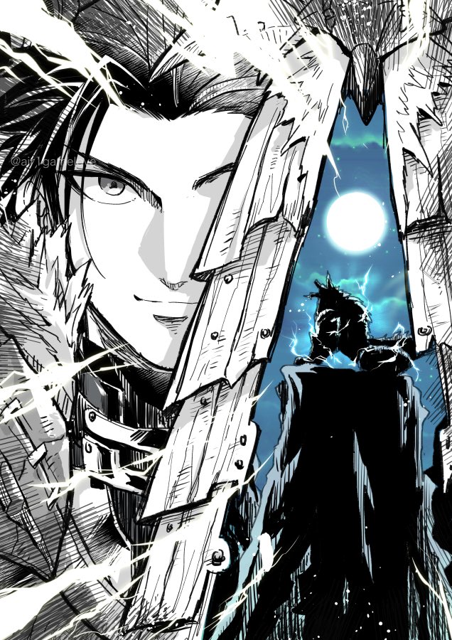 1boy, aozora_airu, armor, black_hair, closed_mouth, commentary_request, electricity, final_fantasy, final_fantasy_vii, final_fantasy_vii_ever_crisis, hair_slicked_back, holding, holding_sword, holding_weapon, horns, limited_palette, male_focus, mane, monster, monster_hunter_(series), moon, official_alternate_costume, one_eye_covered, short_hair, spiky_hair, sword, weapon, zack_fair, zack_fair_(zinogre_armor), zinogre, zinogre_(armor)