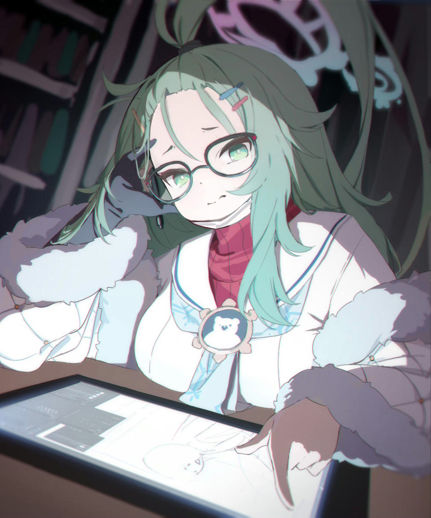 1girl, ahoge, bangs_pinned_back, black-framed_eyewear, black_gloves, blue_archive, blue_neckerchief, bookshelf