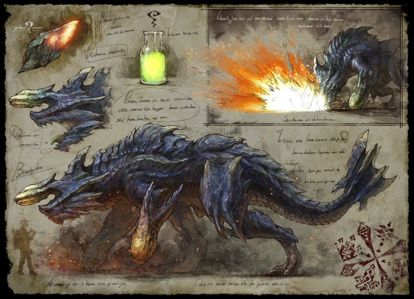 absurdres, acid, black_border, border, brachydios, breath_weapon, breathing_fire, colored_tongue