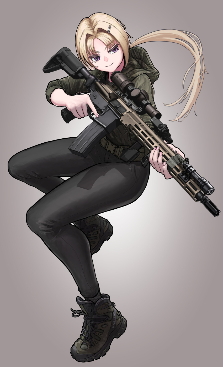 1girl, absurdres, ar-15, black_pants, blonde_hair, c-clamp, closed_mouth, commentary