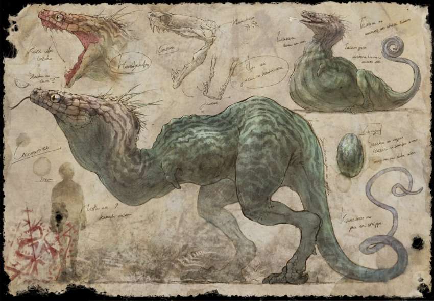 arrow_(symbol), black_border, border, claws, commentary_request, curled_tail, egg, forked_tongue