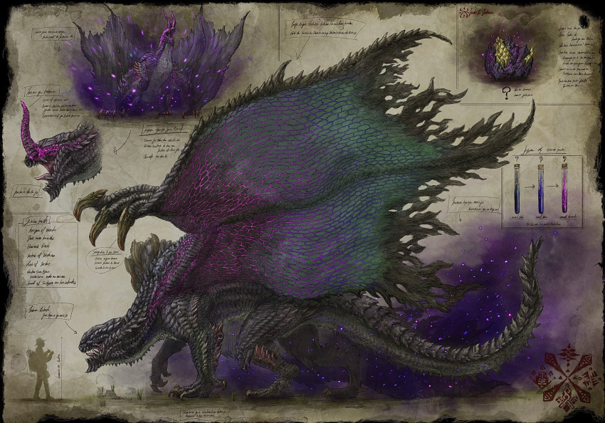 black_border, border, claws, commentary_request, dragon, from_side, full_body, gibberish_text