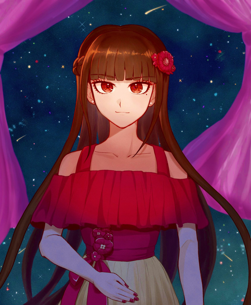 1girl, bare_shoulders, blunt_bangs, braid, brown_hair, brown_skirt, collarbone, danganronpa_(series)