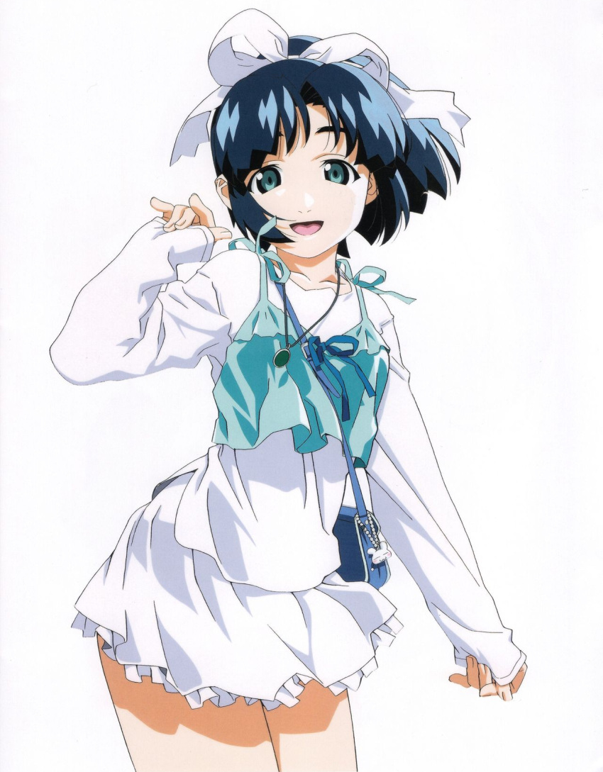 1girl, :d, aqua_eyes, aqua_shirt, arched_back, arm_at_side, bag, bag_charm
