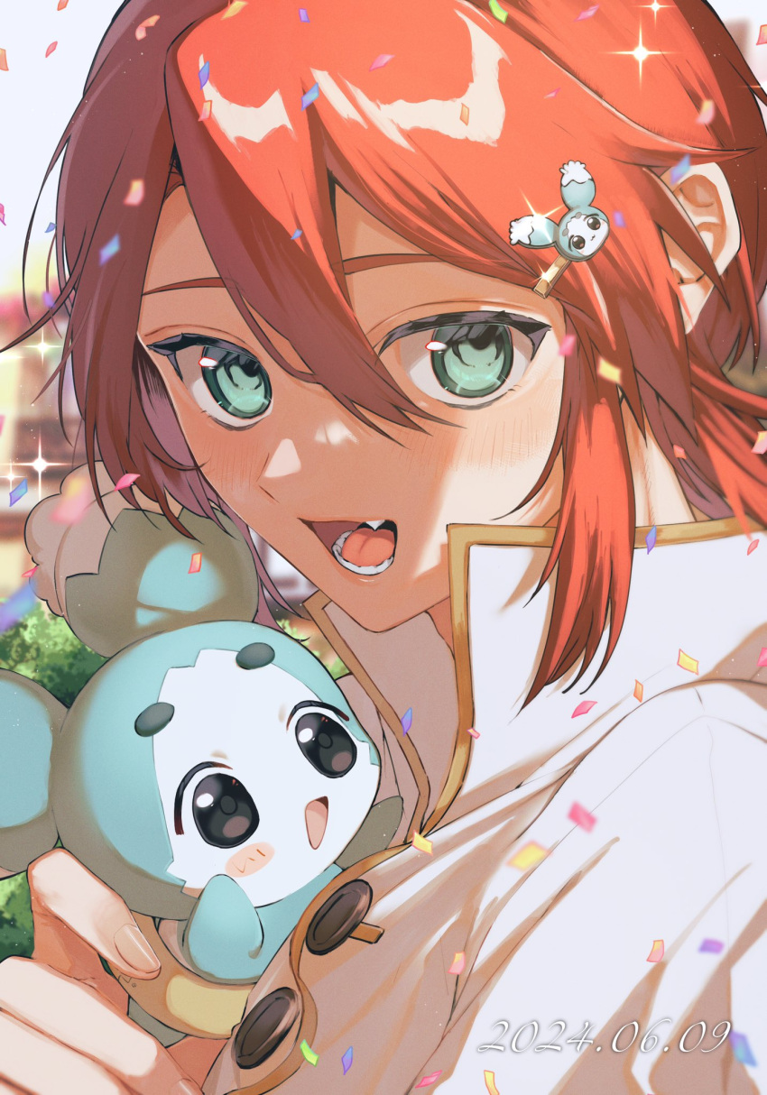 1boy, blush, blush_stickers, buttons, confetti, creature, dated, fang