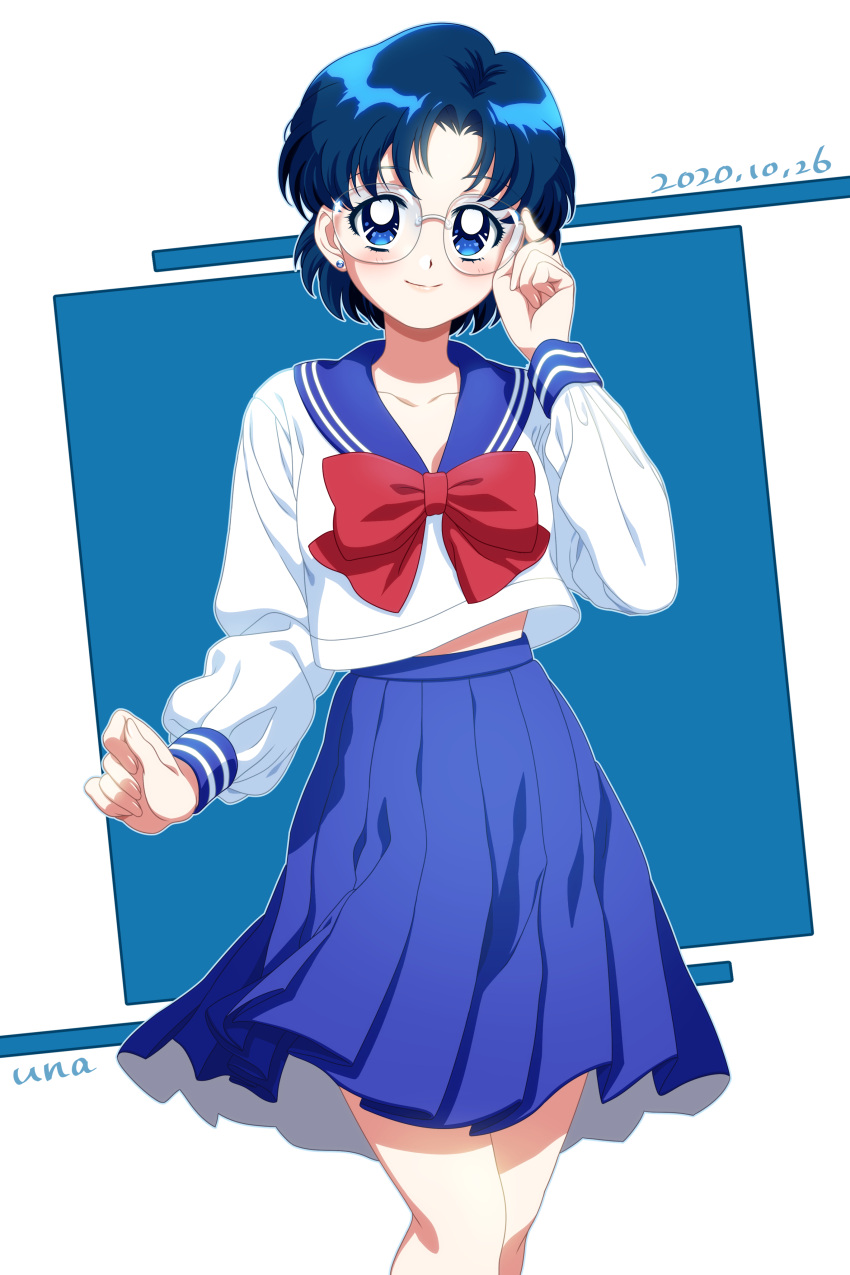1girl, absurdres, adjusting_eyewear, artist_name, bishoujo_senshi_sailor_moon, blue_background, blue_eyes, blue_hair, blue_sailor_collar, blue_skirt, bow, bowtie, collarbone, commentary, dated, glasses, highres, juuban_middle_school_uniform, mizuno_ami, nagisa_iwa, pleated_skirt, red_bow, red_bowtie, sailor_collar, school_uniform, serafuku, shirt, short_hair, skirt, smile, solo, white_shirt