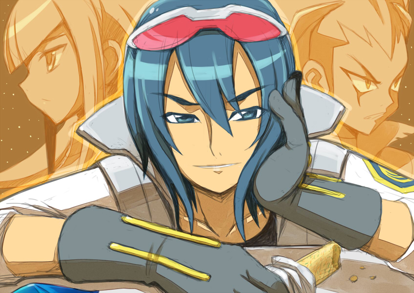1girl, 2boys, a.c._eos_(mega_man), black_gloves, blue_eyes, close-up, gloves, hand_on_own_face, hi-go!, jack_(mega_man), jacket, medium_hair, mega_man_(series), mega_man_star_force, mega_man_star_force_3, multiple_boys, over-rim_eyewear, queen_tia_(mega_man), red-tinted_eyewear, semi-rimless_eyewear, solo_focus, tinted_eyewear, white_jacket