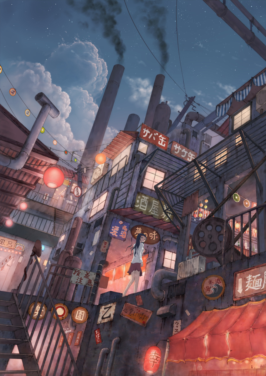 absurdres, city, cloud, cola_(gotouryouta), cola_(pixiv810305), dutch_angle, highres, ladder, lantern, lights, original, paper_lantern, pipes, railing, sky, smoke, smokestack, solo, stairs, star_(sky), starry_sky, winding_wheel