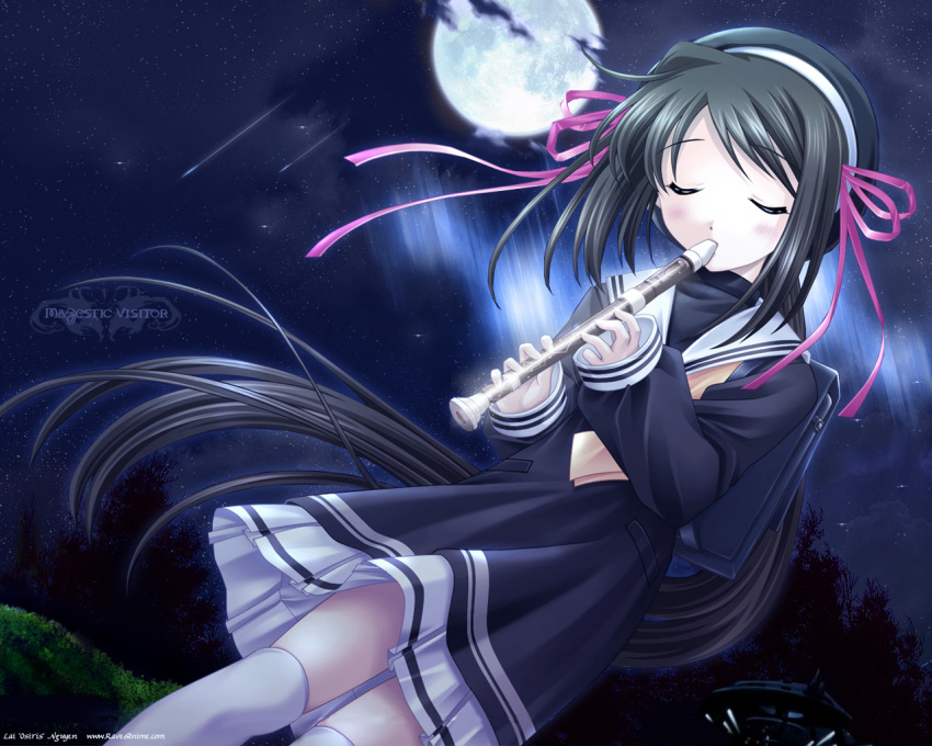 hair_ribbon, hairband, hakone, instrument, instruments, long_hair, moon, music